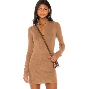 Lovers & Friends Quarter Zip Sweater Knit Mini Dress in Camel/Tan - Size XS